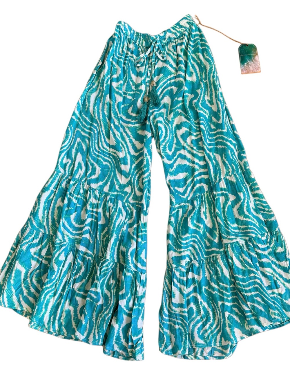 NWT Boho Tiered Palazzo Pants Turquoise Wavy Print Wide Leg- Sz S